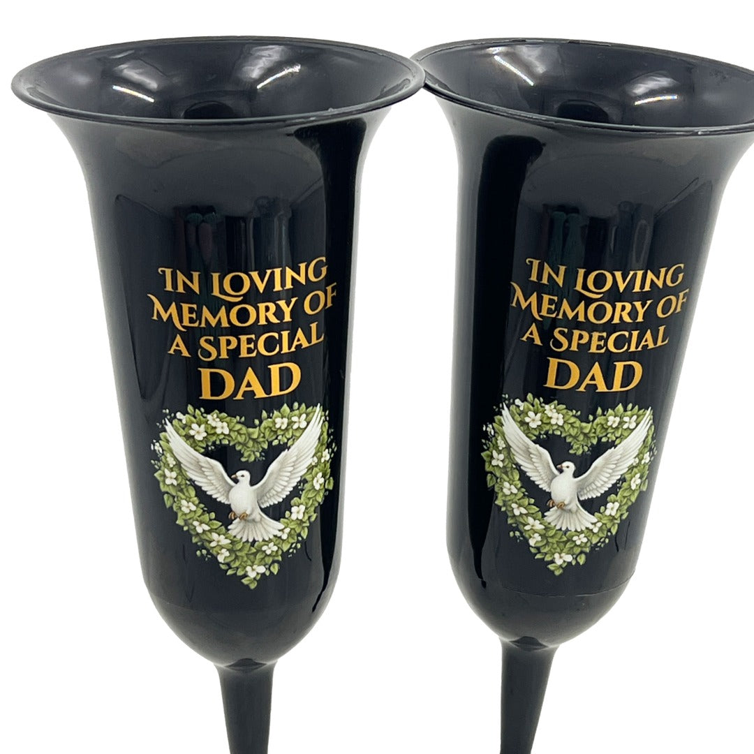 Set of 2 Special Dad Dove Love Heart Black and Bronzed Gold In Loving Memory Fluted Spiked Memorial Grave Cemetery Flower Vases Holders Containers Pots