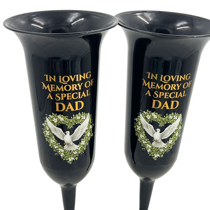 Set of 2 Special Dad Dove Love Heart Black and Bronzed Gold In Loving Memory Fluted Spiked Memorial Grave Cemetery Flower Vases Holders Containers Pots