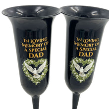 Load image into Gallery viewer, Set of 2 Special Dad Dove Love Heart Black and Bronzed Gold In Loving Memory Fluted Spiked Memorial Grave Cemetery Flower Vases Holders Containers Pots