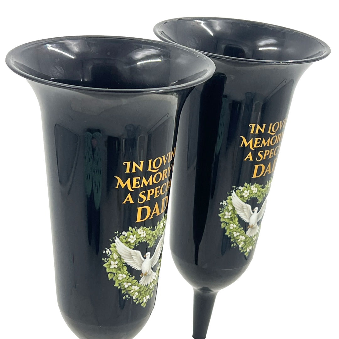 Set of 2 Special Dad Dove Love Heart Black and Bronzed Gold In Loving Memory Fluted Spiked Memorial Grave Cemetery Flower Vases Holders Containers Pots