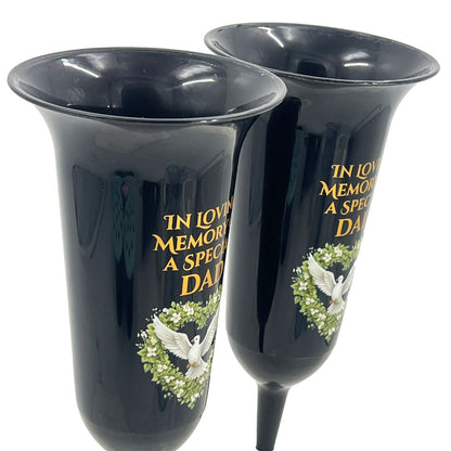 Set of 2 Special Dad Dove Love Heart Black and Bronzed Gold In Loving Memory Fluted Spiked Memorial Grave Cemetery Flower Vases Holders Containers Pots