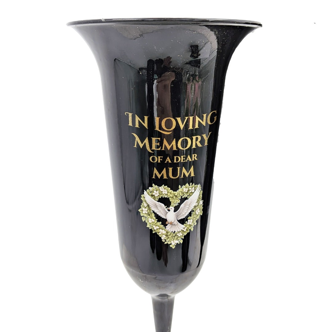 Set of 2 Special Mum Dove Love Heart Black and Bronzed Gold In Loving Memory Fluted Spiked Memorial Grave Cemetery Flower Vases Holders Containers Pots