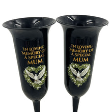 Load image into Gallery viewer, Set of 2 Special Mum Dove Love Heart Black and Bronzed Gold In Loving Memory Fluted Spiked Memorial Grave Cemetery Flower Vases Holders Containers Pots