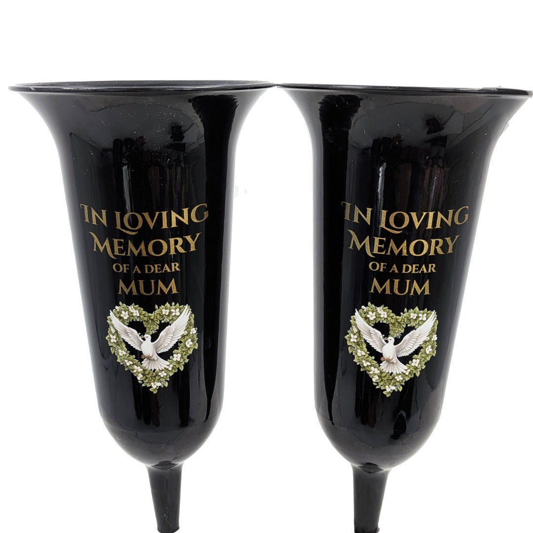 Set of 2 Special Mum Dove Love Heart Black and Bronzed Gold In Loving Memory Fluted Spiked Memorial Grave Cemetery Flower Vases Holders Containers Pots