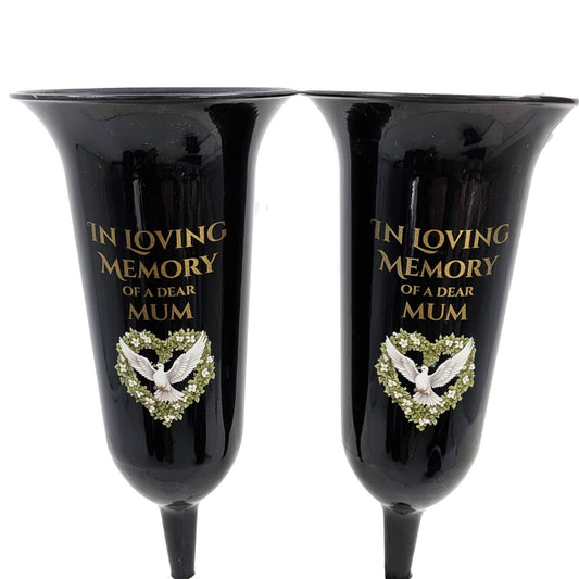 Set of 2 Special Mum Dove Love Heart Black and Bronzed Gold In Loving Memory Fluted Spiked Memorial Grave Cemetery Flower Vases Holders Containers Pots