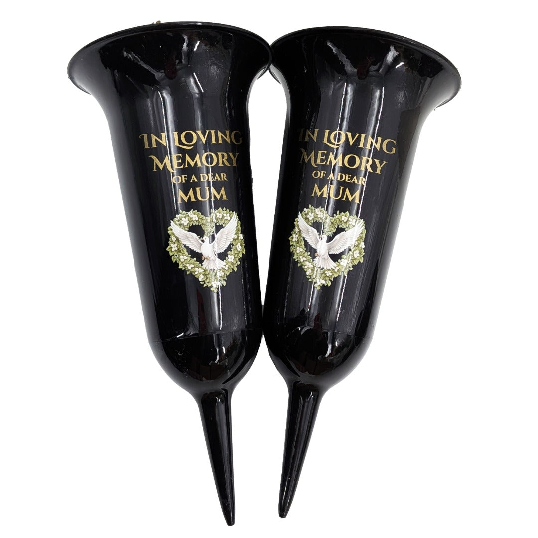 Set of 2 Special Mum Dove Love Heart Black and Bronzed Gold In Loving Memory Fluted Spiked Memorial Grave Cemetery Flower Vases Holders Containers Pots