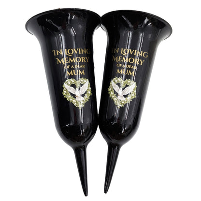 Set of 2 Special Mum Dove Love Heart Black and Bronzed Gold In Loving Memory Fluted Spiked Memorial Grave Cemetery Flower Vases Holders Containers Pots