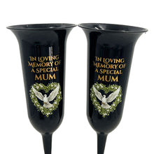 Load image into Gallery viewer, Set of 2 Special Mum Dove Love Heart Black and Bronzed Gold In Loving Memory Fluted Spiked Memorial Grave Cemetery Flower Vases Holders Containers Pots