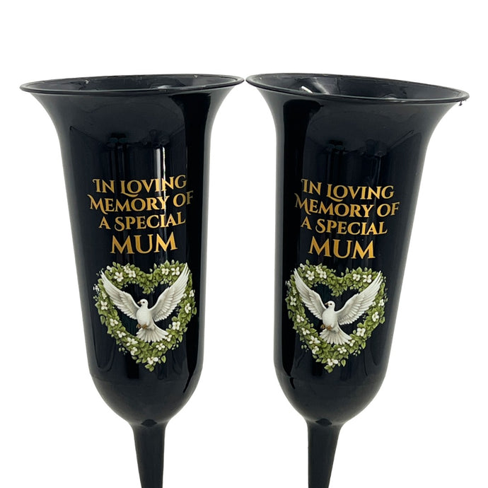 Set of 2 Special Mum Dove Love Heart Black and Bronzed Gold In Loving Memory Fluted Spiked Memorial Grave Cemetery Flower Vases Holders Containers Pots