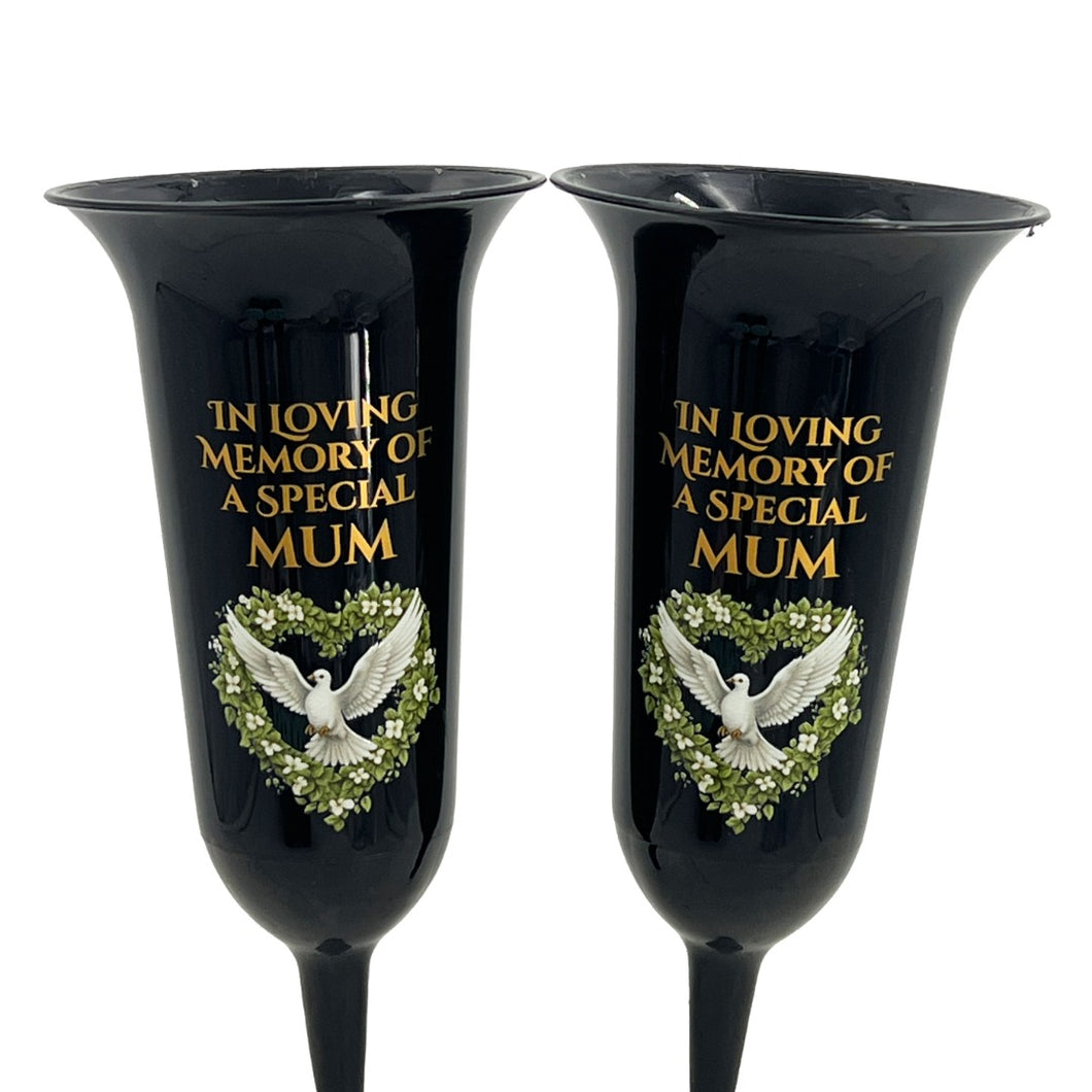 Set of 2 Special Mum Dove Love Heart Black and Bronzed Gold In Loving Memory Fluted Spiked Memorial Grave Cemetery Flower Vases Holders Containers Pots