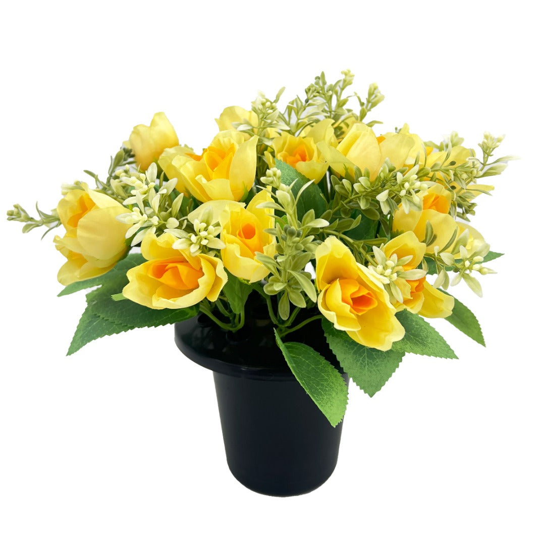 Yellow Rose Bud Artificial Flower Graveside Cemetery Memorial Grave Floral Arrangement