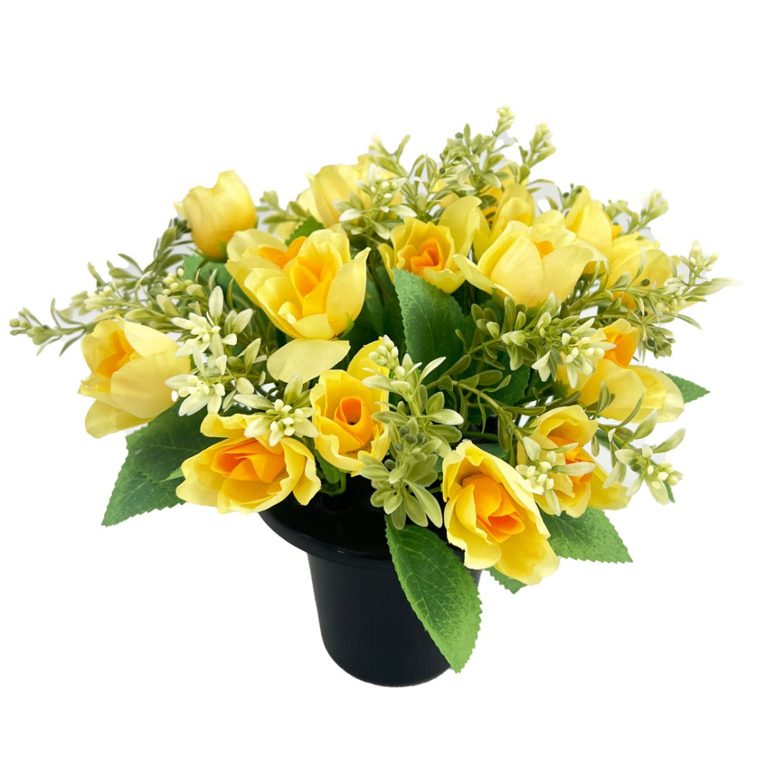 Yellow Rose Bud Artificial Flower Graveside Cemetery Memorial Grave Floral Arrangement