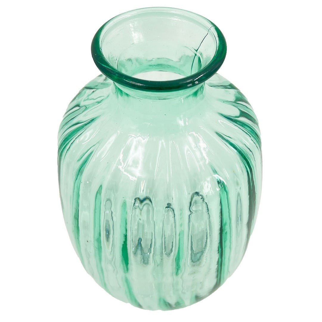Green Textured Ribbed Bulb Glass Vase Flower Bud Jar 21cm Home Decoration Ornament