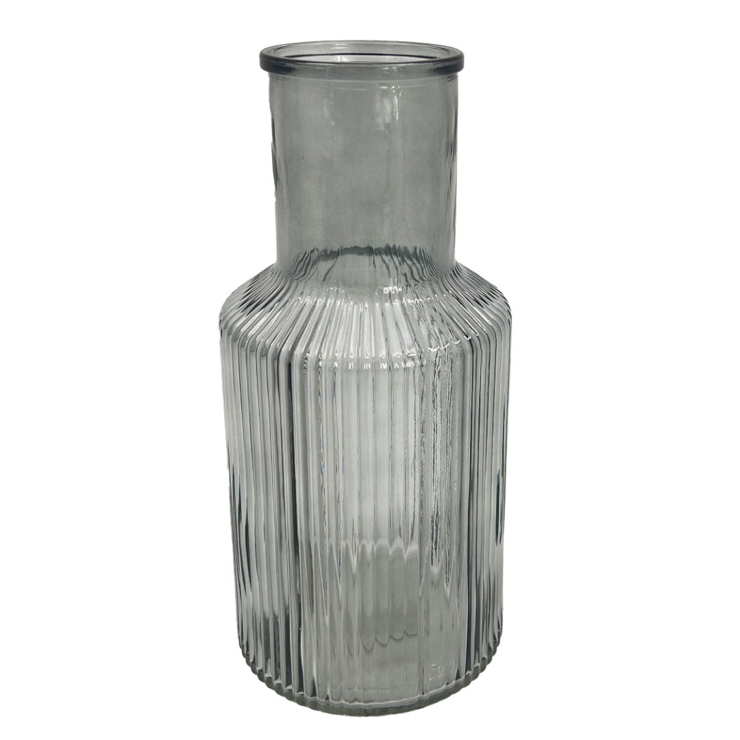 Grey Tall Ribbed Narrow Glass Vase Flower Bud Jar 22cm Home Decoration Ornament