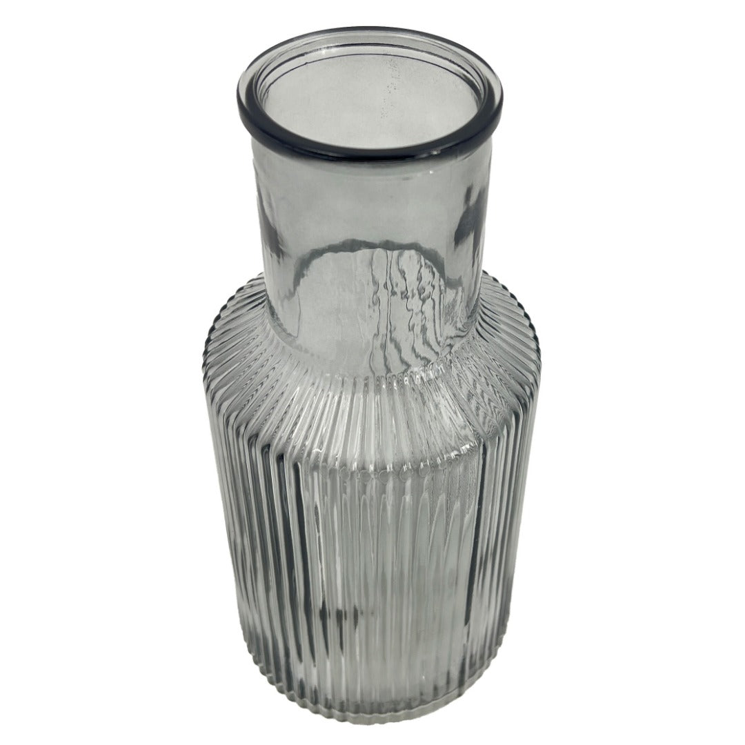 Grey Tall Ribbed Narrow Glass Vase Flower Bud Jar 22cm Home Decoration Ornament