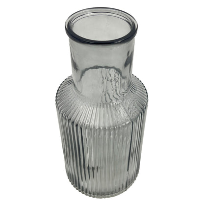 Grey Tall Ribbed Narrow Glass Vase Flower Bud Jar 22cm Home Decoration Ornament