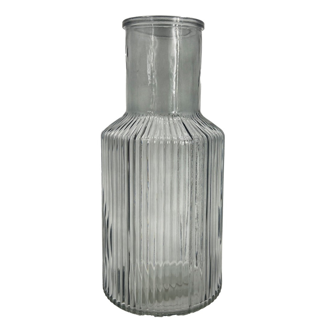 Grey Tall Ribbed Narrow Glass Vase Flower Bud Jar 22cm Home Decoration Ornament