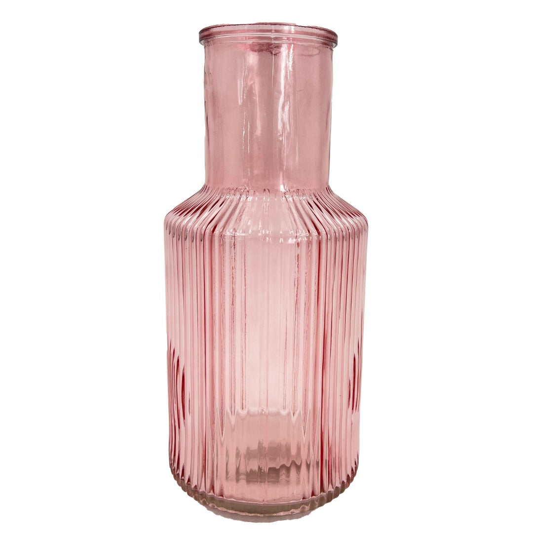 Pink Tall Ribbed Narrow Glass Vase Flower Bud Jar 22cm Home Decoration Ornament