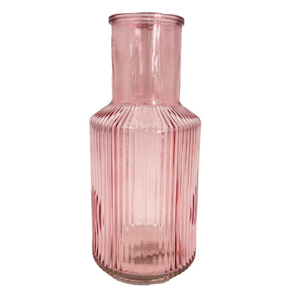 Pink Tall Ribbed Narrow Glass Vase Flower Bud Jar 22cm Home Decoration Ornament