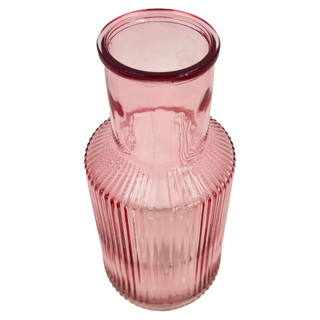 Pink Tall Ribbed Narrow Glass Vase Flower Bud Jar 22cm Home Decoration Ornament