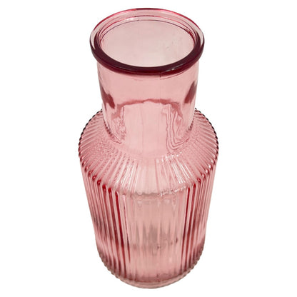 Pink Tall Ribbed Narrow Glass Vase Flower Bud Jar 22cm Home Decoration Ornament