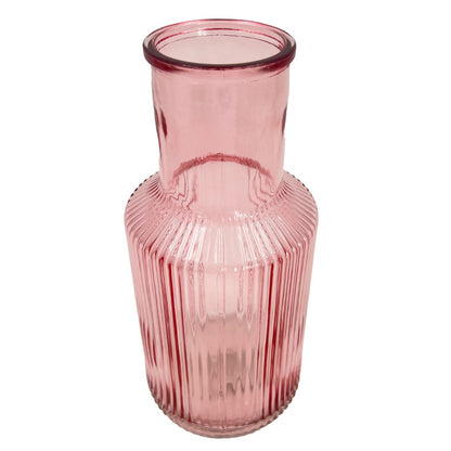 Pink Tall Ribbed Narrow Glass Vase Flower Bud Jar 22cm Home Decoration Ornament