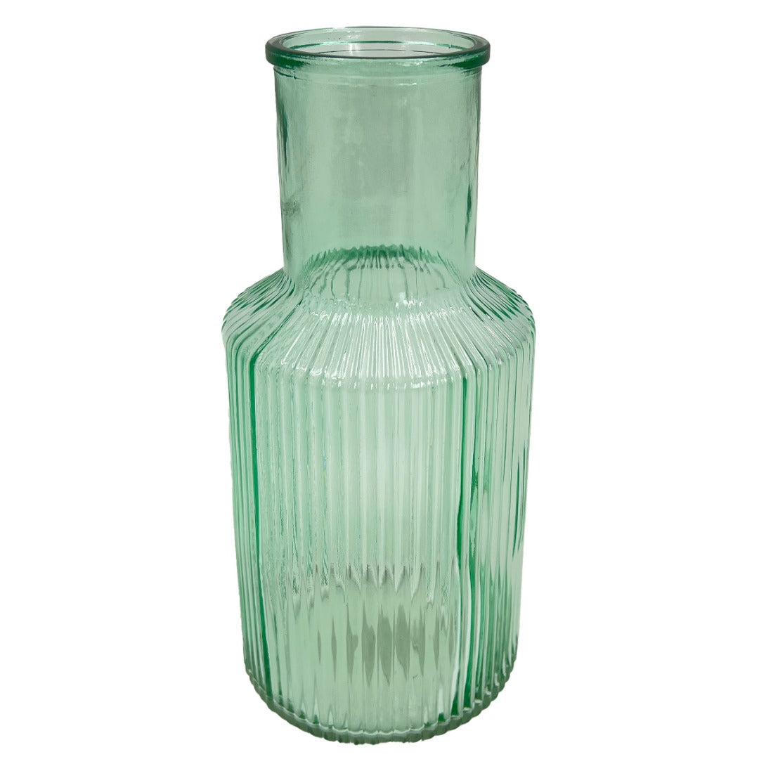 Green Tall Ribbed Narrow Glass Vase Flower Bud Jar 22cm Home Decoration Ornament