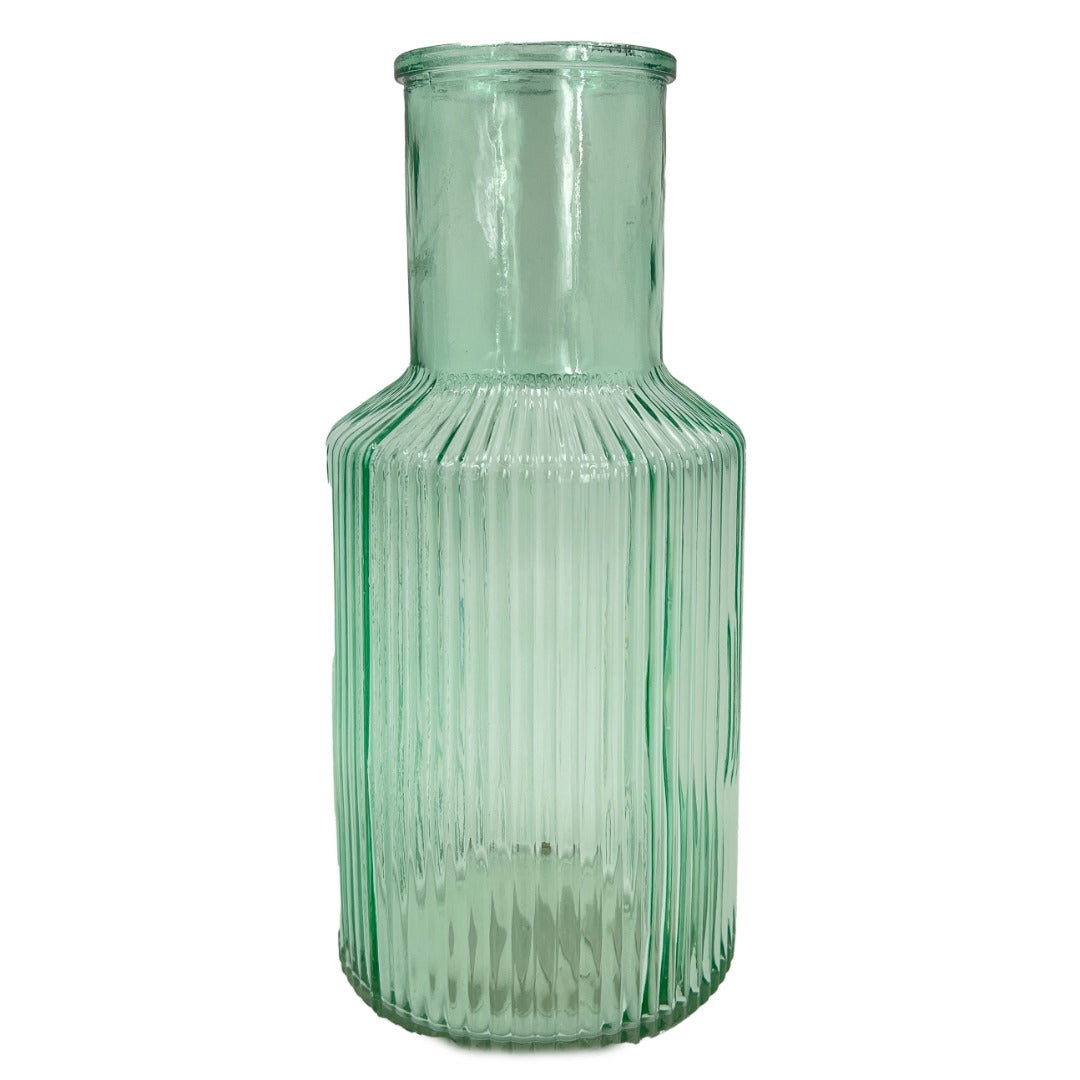 Green Tall Ribbed Narrow Glass Vase Flower Bud Jar 22cm Home Decoration Ornament
