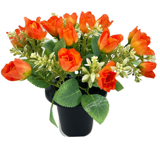 Orange Rose Bud Artificial Flower Graveside Cemetery Memorial Grave Floral Arrangement