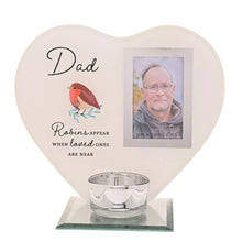 Load image into Gallery viewer, Dad Robin Heart Glass Memorial Remembrance Photo Frame with Tealight Holder