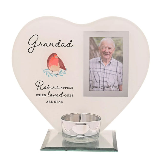 Grandad Robin Heart Glass Memorial Remembrance Photo Frame with Tealight Holder