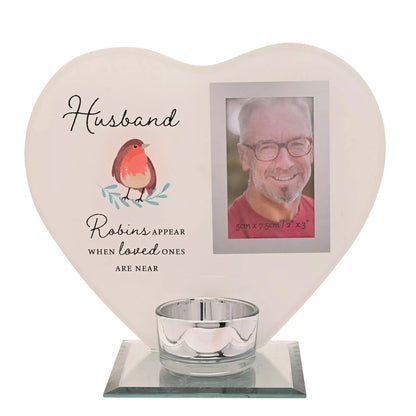 Husband Robin Heart Glass Memorial Remembrance Photo Frame with Tealight Holder