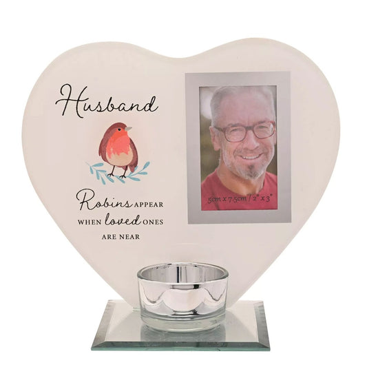 Husband Robin Heart Glass Memorial Remembrance Photo Frame with Tealight Holder