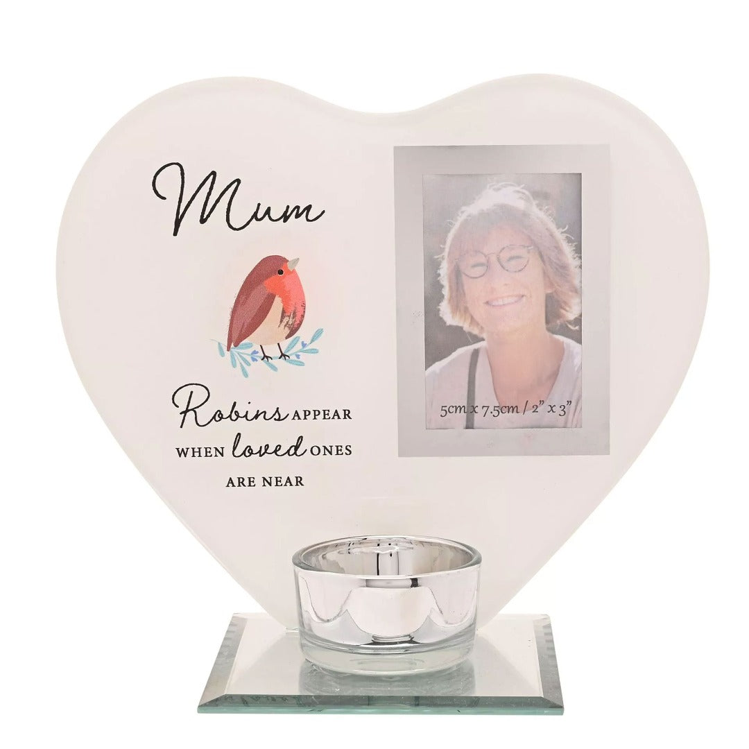 Mum Robin Heart Glass Memorial Remembrance Photo Frame with Tealight Holder