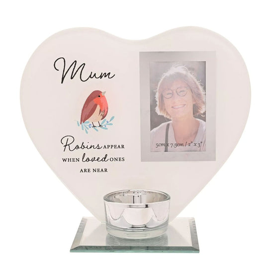 Mum Robin Heart Glass Memorial Remembrance Photo Frame with Tealight Holder