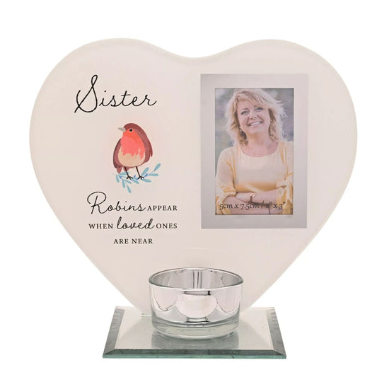 Sister Robin Heart Glass Memorial Remembrance Photo Frame with Tealight Holder