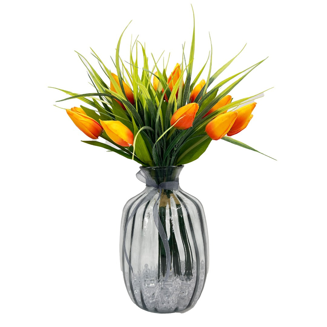 Orange Tulip Artificial Flower Arrangement In Pretty Grey Glass Vase Home Decoration