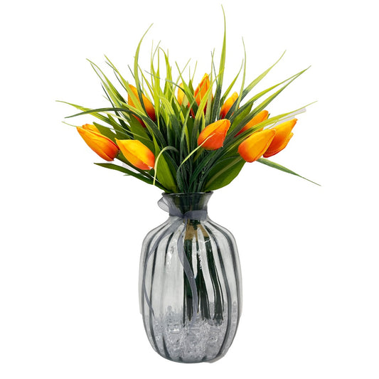 Orange Tulip Artificial Flower Arrangement In Pretty Grey Glass Vase Home Decoration