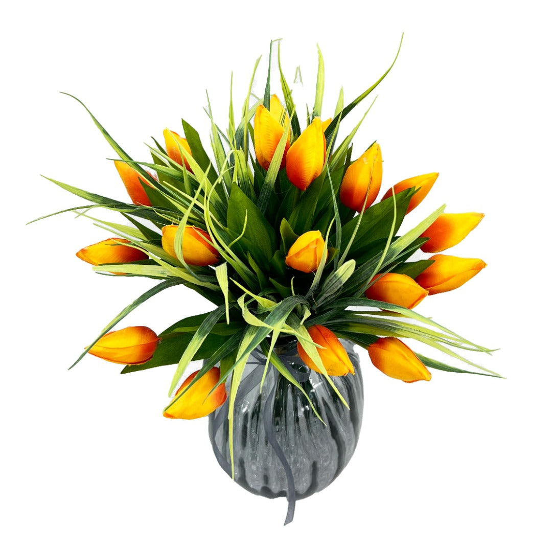 Orange Tulip Artificial Flower Arrangement In Pretty Grey Glass Vase Home Decoration