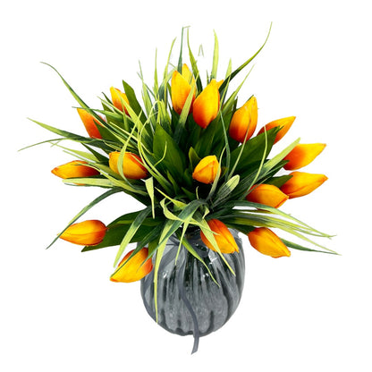 Orange Tulip Artificial Flower Arrangement In Pretty Grey Glass Vase Home Decoration
