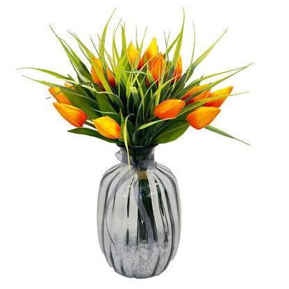 Orange Tulip Artificial Flower Arrangement In Pretty Grey Glass Vase Home Decoration