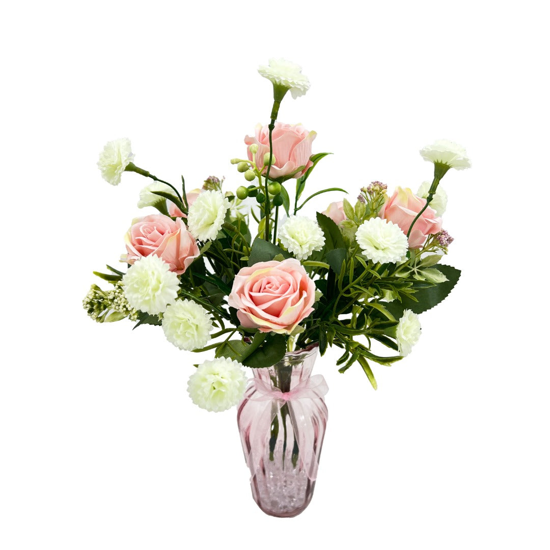 Pink Rose Artificial Flower Arrangement In Pretty Bud Glass Vase Home Decoration