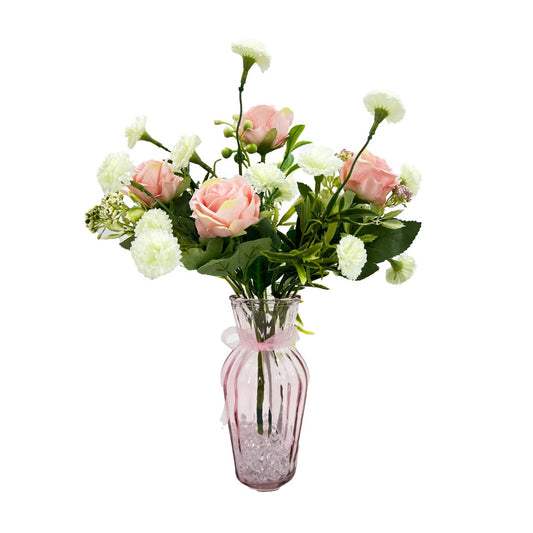 Pink Rose Artificial Flower Arrangement In Pretty Bud Glass Vase Home Decoration