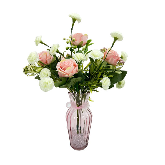 Pink Rose Artificial Flower Arrangement In Pretty Bud Glass Vase Home Decoration