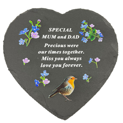 Special Mum and Dad Graveside Memorial Robin Slate Love Heart Grave Plaque Stepping Stone Ornament Decoration