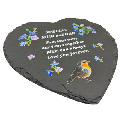 Special Mum and Dad Graveside Memorial Robin Slate Love Heart Grave Plaque Stepping Stone Ornament Decoration