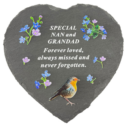 Special Nan and Grandad Graveside Memorial Robin Slate Love Heart Grave Plaque Stepping Stone Ornament Decoration