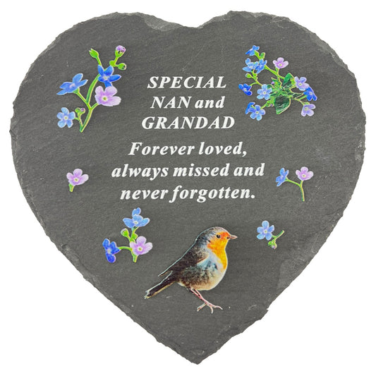 Special Nan and Grandad Graveside Memorial Robin Slate Love Heart Grave Plaque Stepping Stone Ornament Decoration