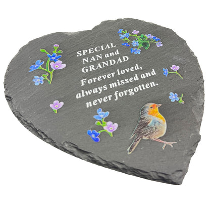 Special Nan and Grandad Graveside Memorial Robin Slate Love Heart Grave Plaque Stepping Stone Ornament Decoration