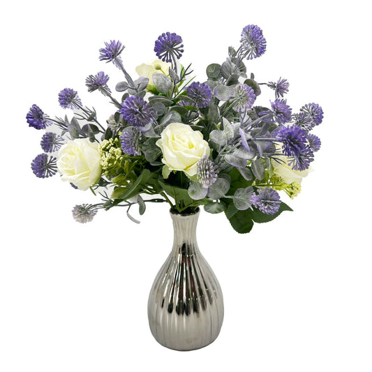 White Rose & Purple Thistle Artificial Flower Arrangement In Pretty Glass Vase Home Decoration